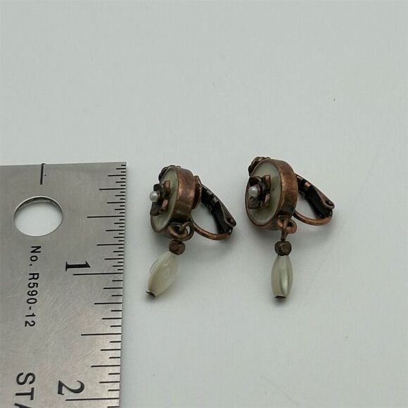 Vintage Avon Floral Copper Clip-On Dangle Earrings with Faux Pearl Classic - Picture 5 of 9
